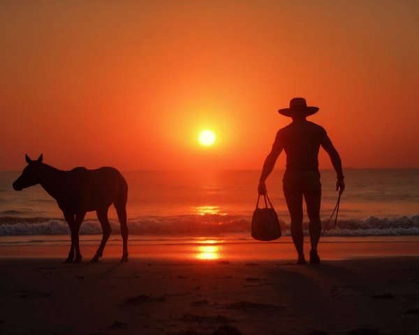 Lone Figure with Horse on Beach at Sunset