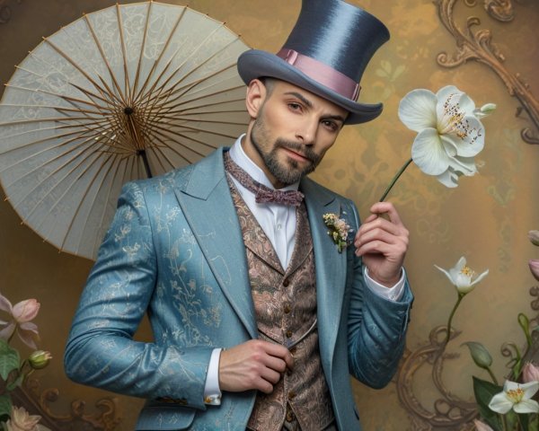Dapper man in patterned blue suit with floral backdrop