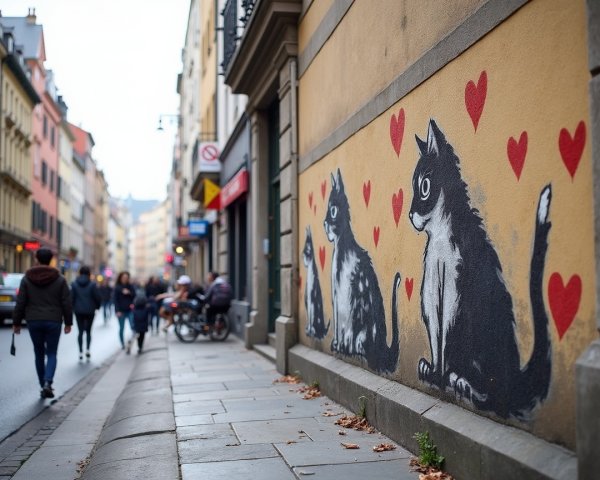 Graffiti of Cats and Hearts on Urban Wall Scene