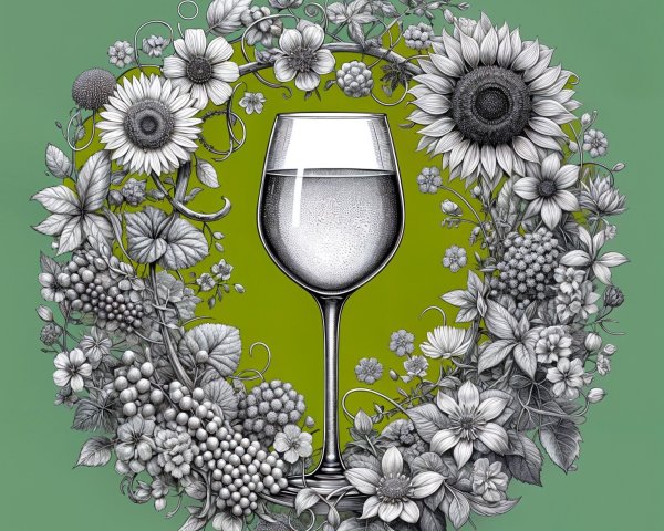 Detailed Illustration of Wine Glass with Flowers and Fruits