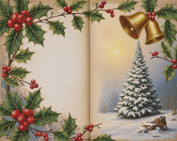 Snowy Landscape with Christmas Tree and Holly Decor