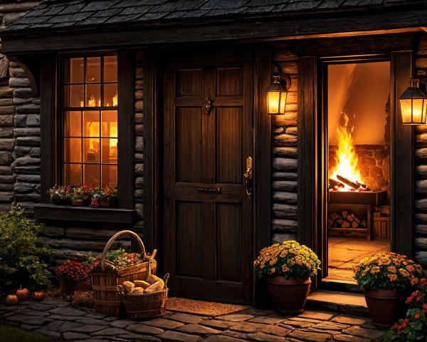 Charming Cabin Entrance with Lanterns and Hearth Fire