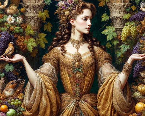 Ornate Golden Gown Surrounded by Nature and Elegance