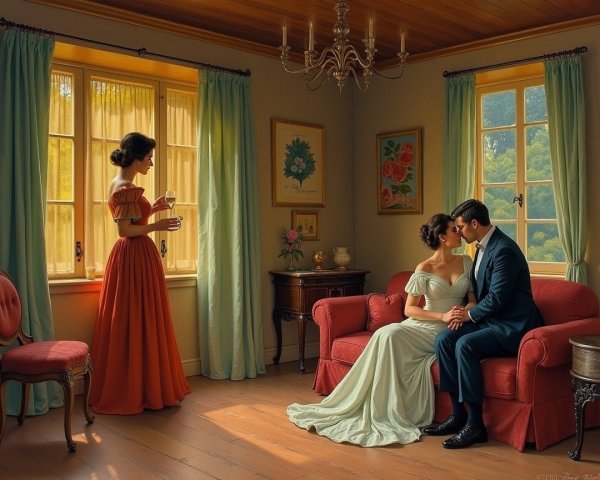 Couple in Elegant Attire in Warmly Lit Room