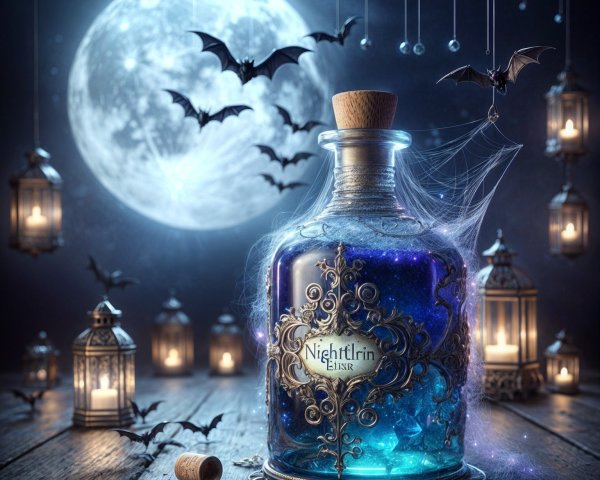 Mystical Glass Bottle with Blue Essence and Moonlit Setting