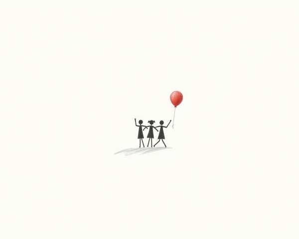 Joyful Stick Figures with Red Balloon on Light Background