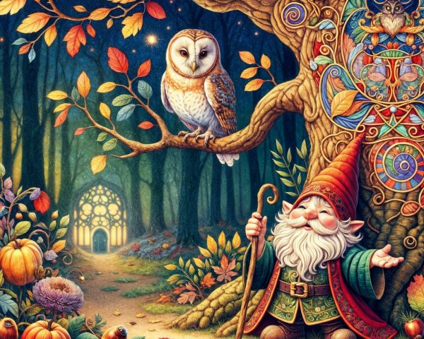 Whimsical Forest Scene with Gnome and Owl