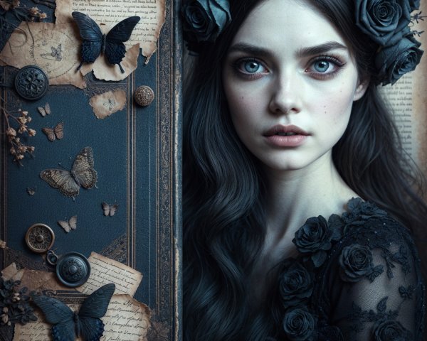 Young woman with dark hair and black roses backdrop