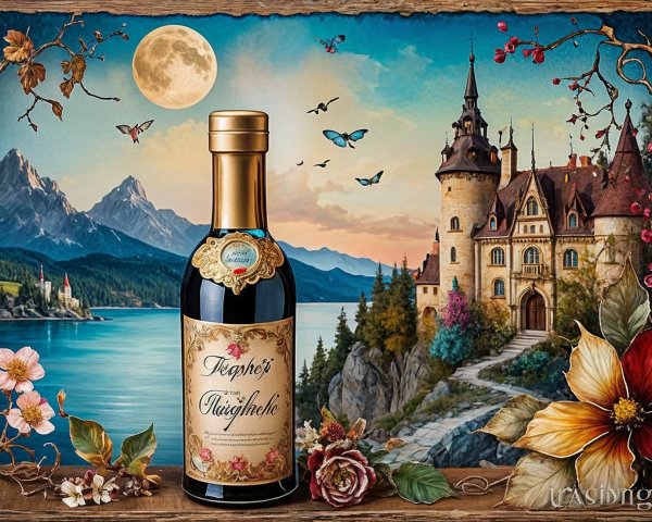 Decorative Wine Bottle with Scenic Landscape Background