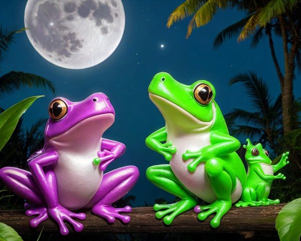 Vibrant Cartoon Frogs in Mystical Nighttime Scene