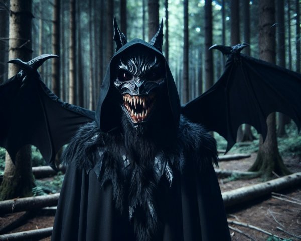 Menacing figure in a misty forest with dark attire