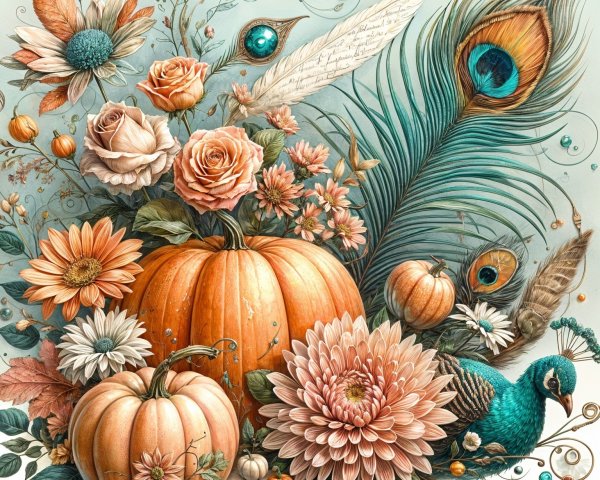 Vibrant Autumn Arrangement with Pumpkins and Flowers