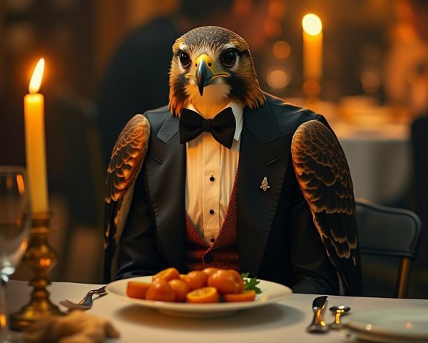 Hawk in Tuxedo at Elegant Dinner Table Setting