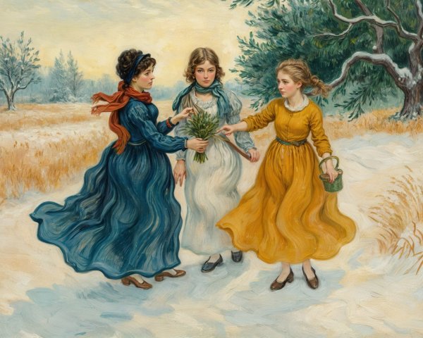 Young girls in dresses in a snowy landscape scene