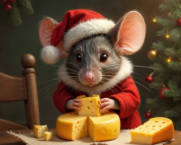 Festive Mouse in Santa Outfit with Cheese at Table
