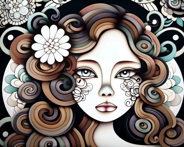 Stylized portrait of a woman with floral hair elements