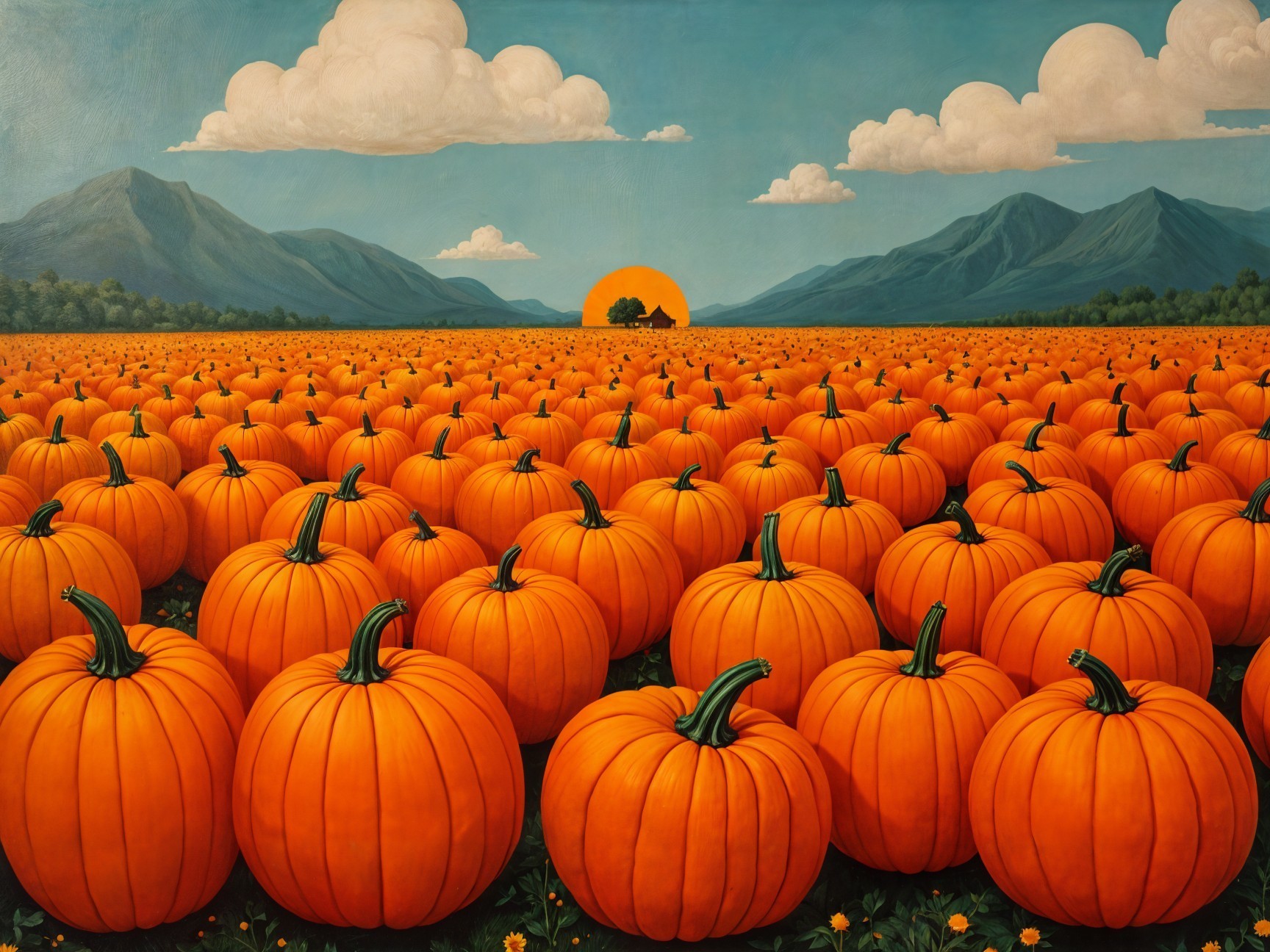 Vibrant Autumn Scene in a Pumpkin Patch Landscape