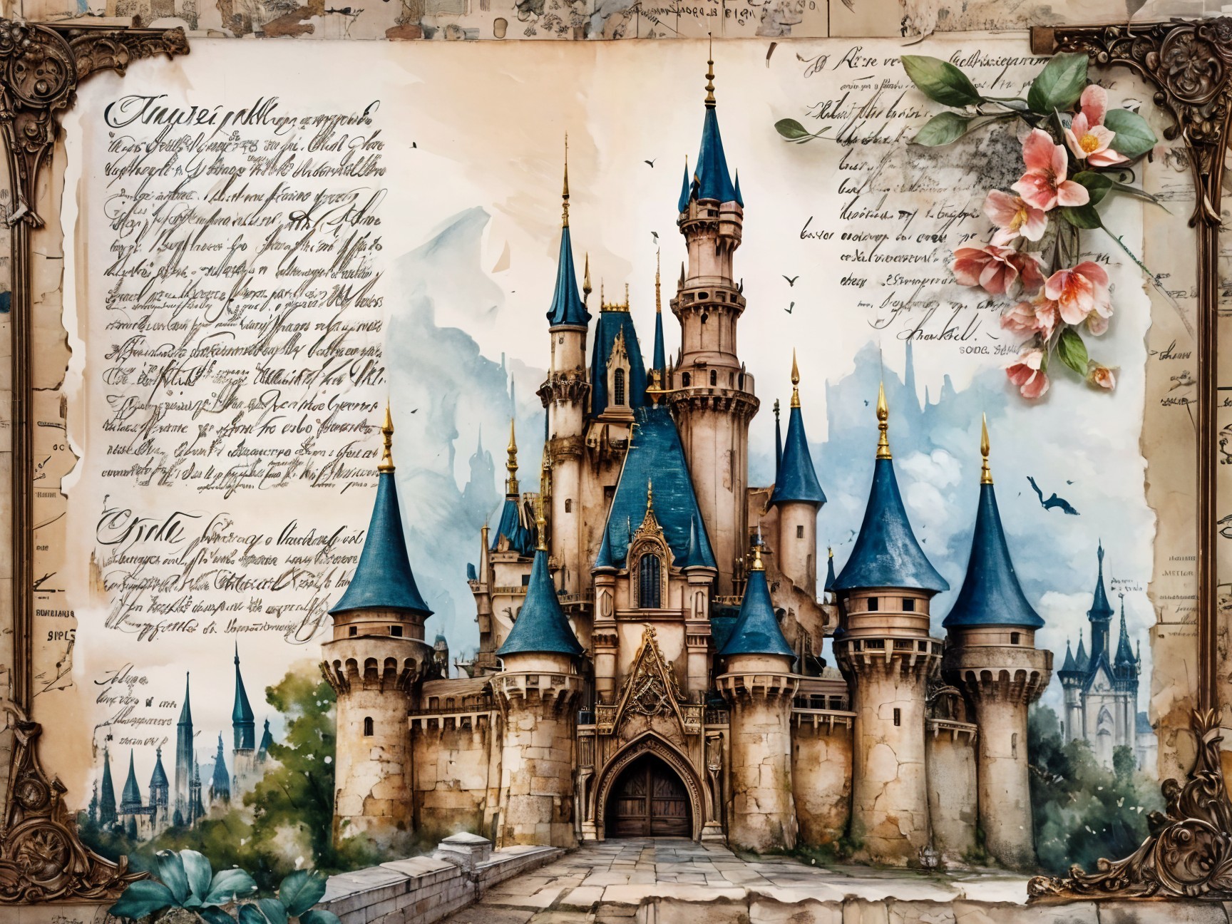 Majestic fairytale castle with blue spires and flowers