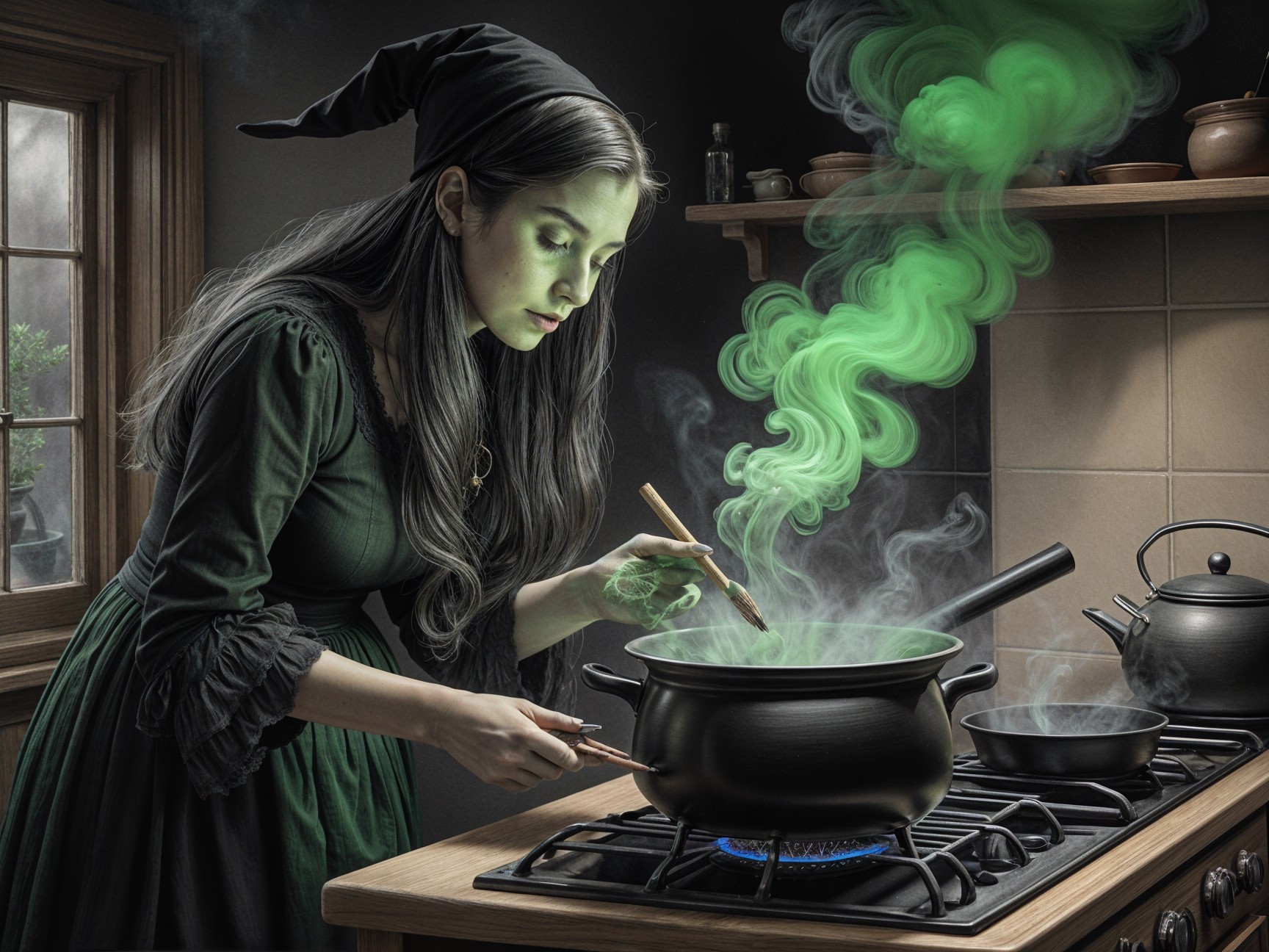 Young woman in witch costume stirring cauldron in kitchen