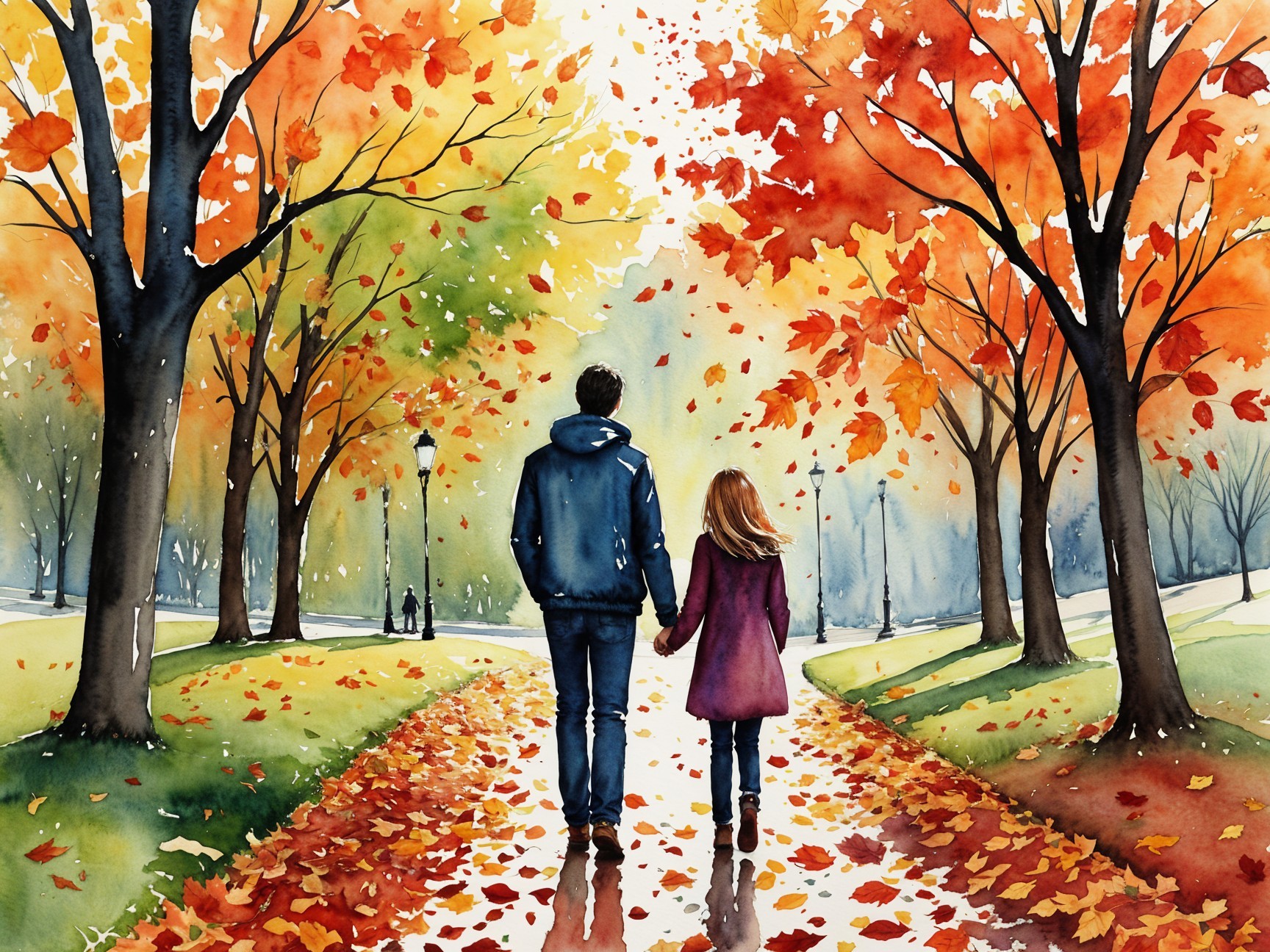 Couple Walking on Scenic Autumn Path with Vibrant Leaves