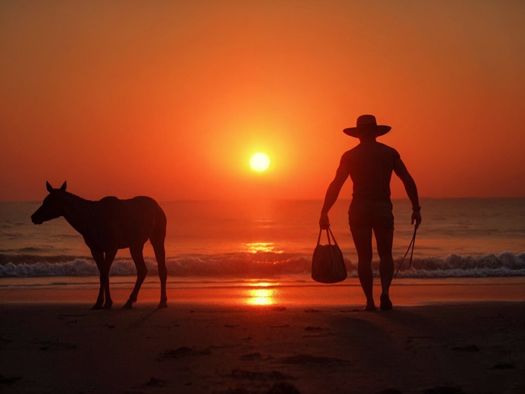 Lone Figure with Horse on Beach at Sunset
