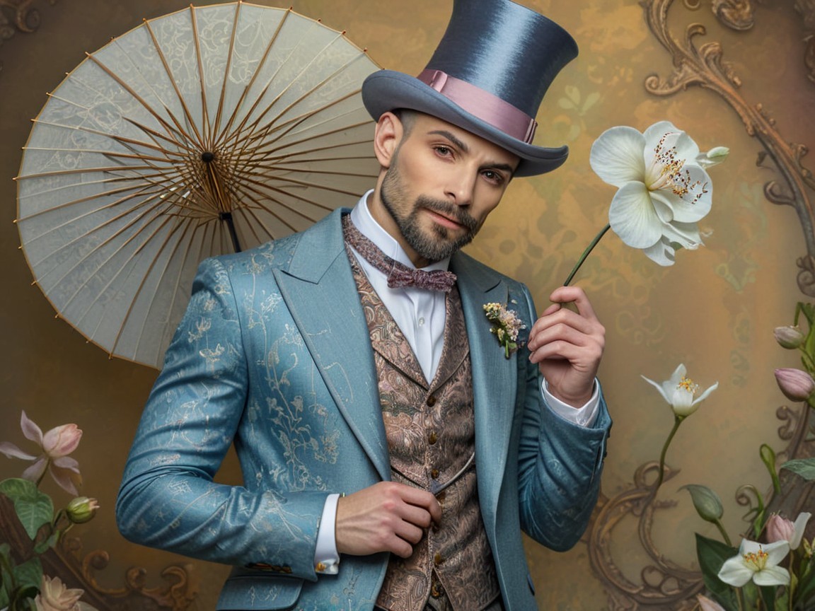 Dapper man in patterned blue suit with floral backdrop