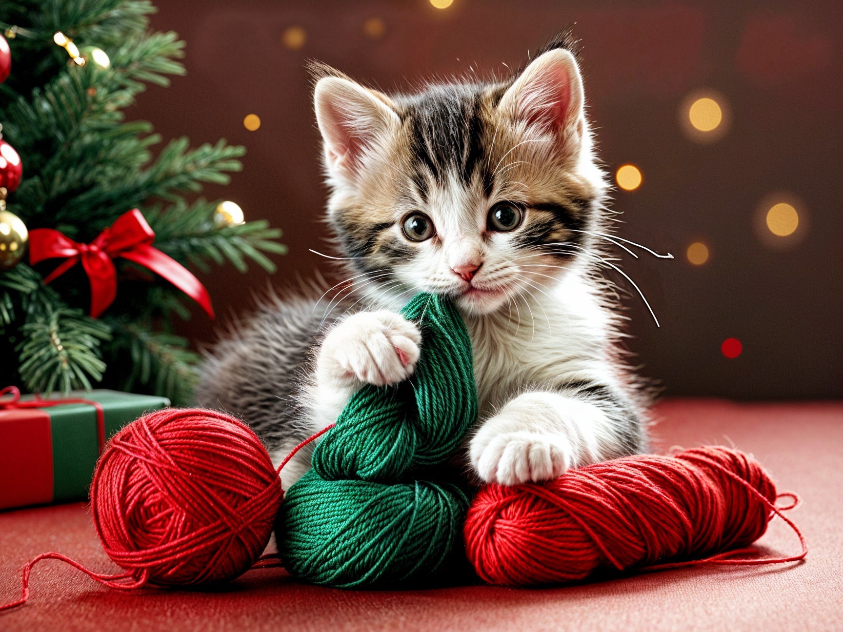 Playful Kitten Among Colorful Yarn and Christmas Tree