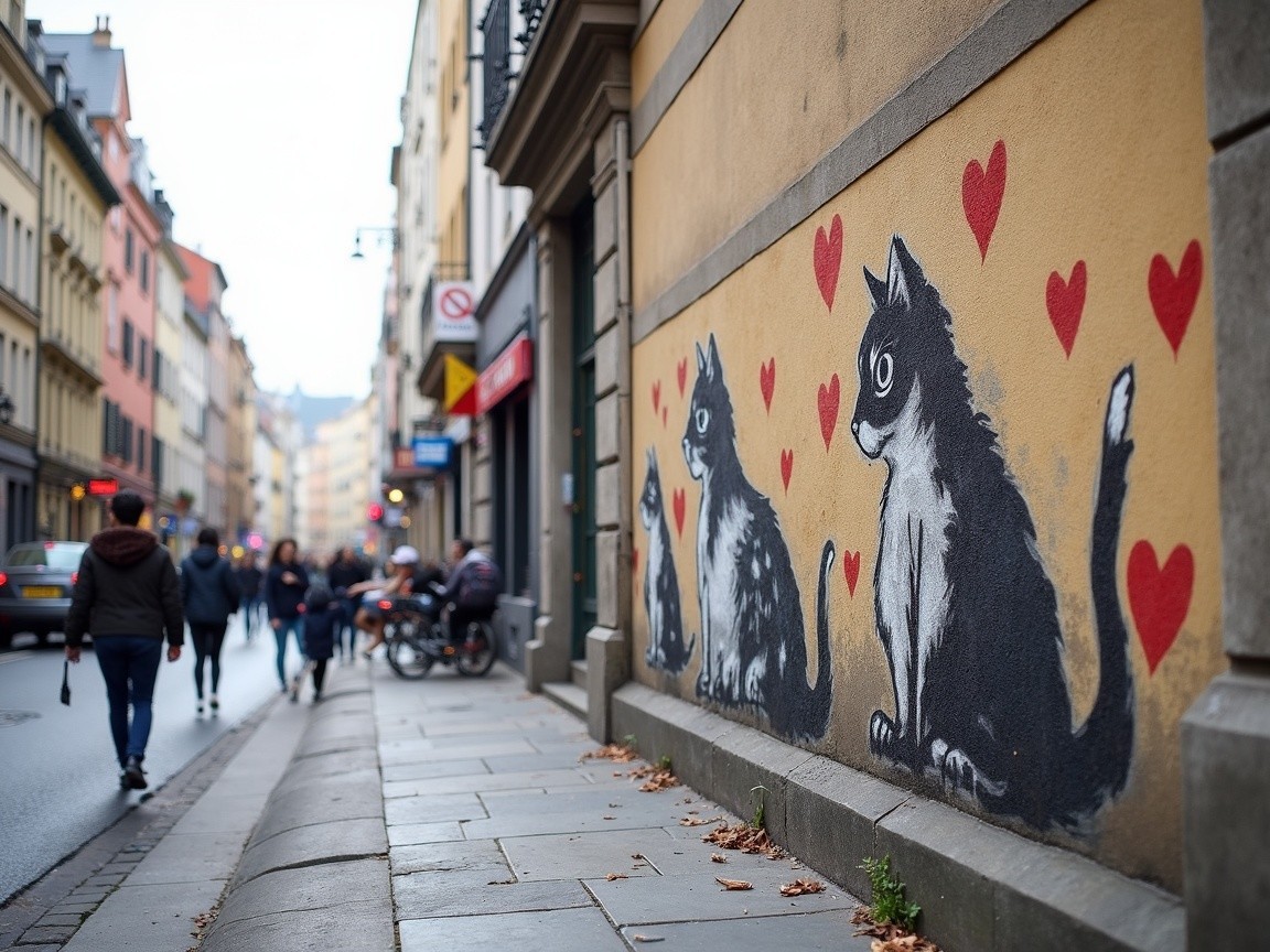 Graffiti of Cats and Hearts on Urban Wall Scene