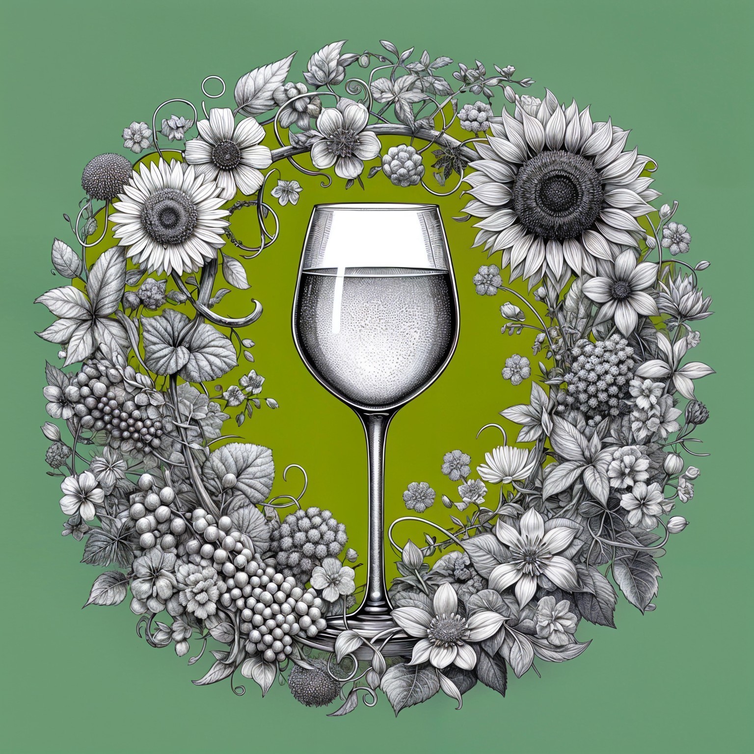 Detailed Illustration of Wine Glass with Flowers and Fruits