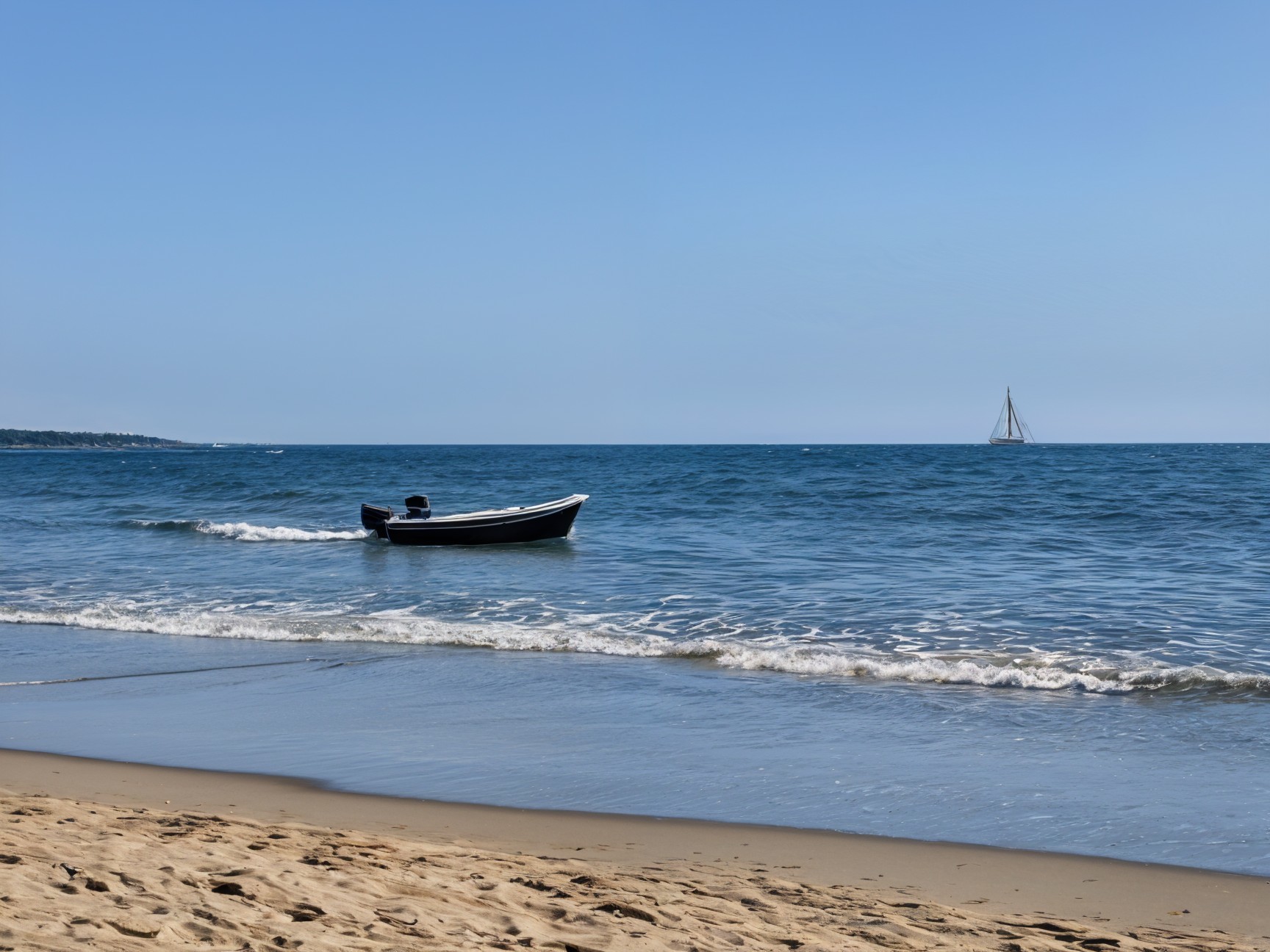 Serene beach scene with boats and clear blue water