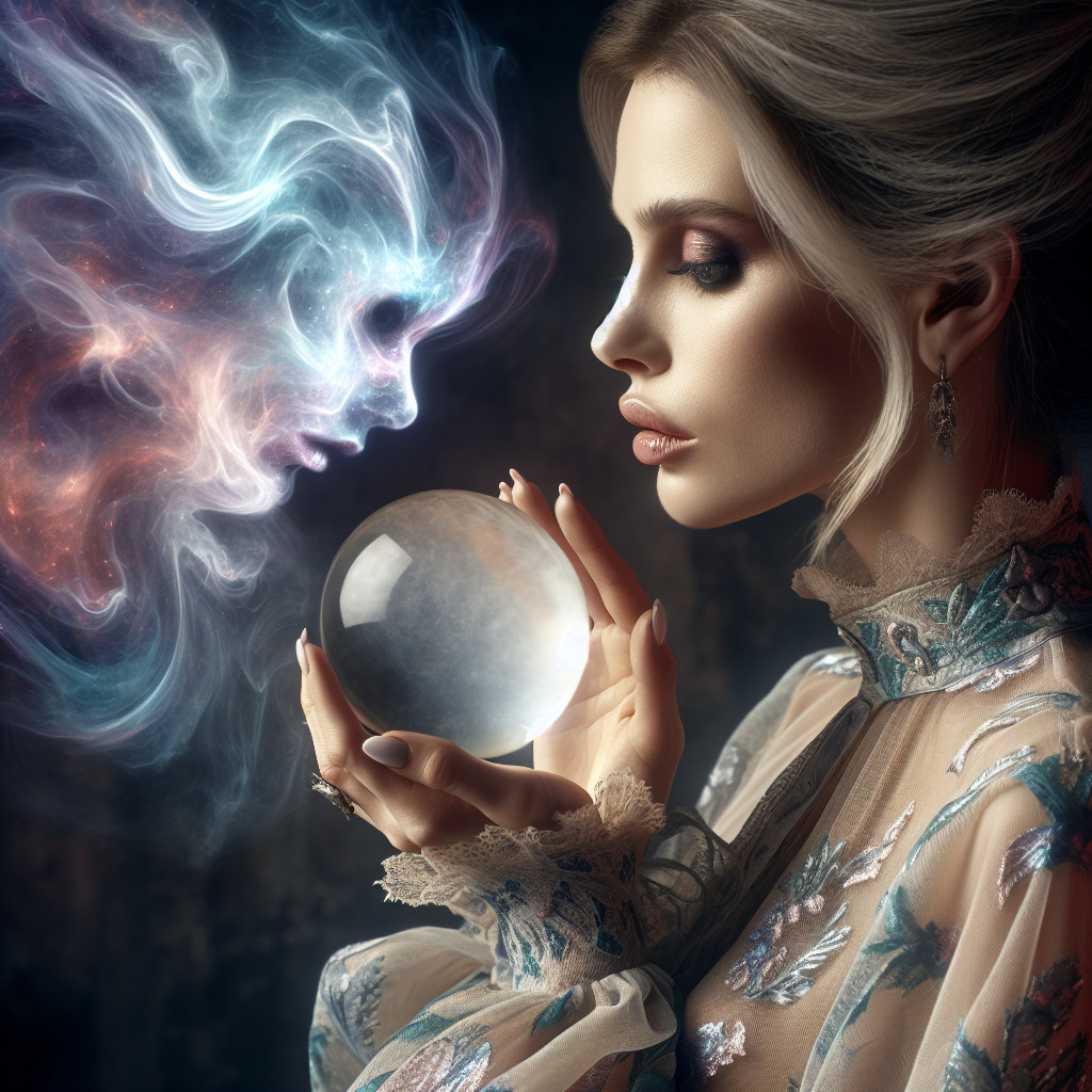 Woman with crystal ball and floral outfit in mystic scene