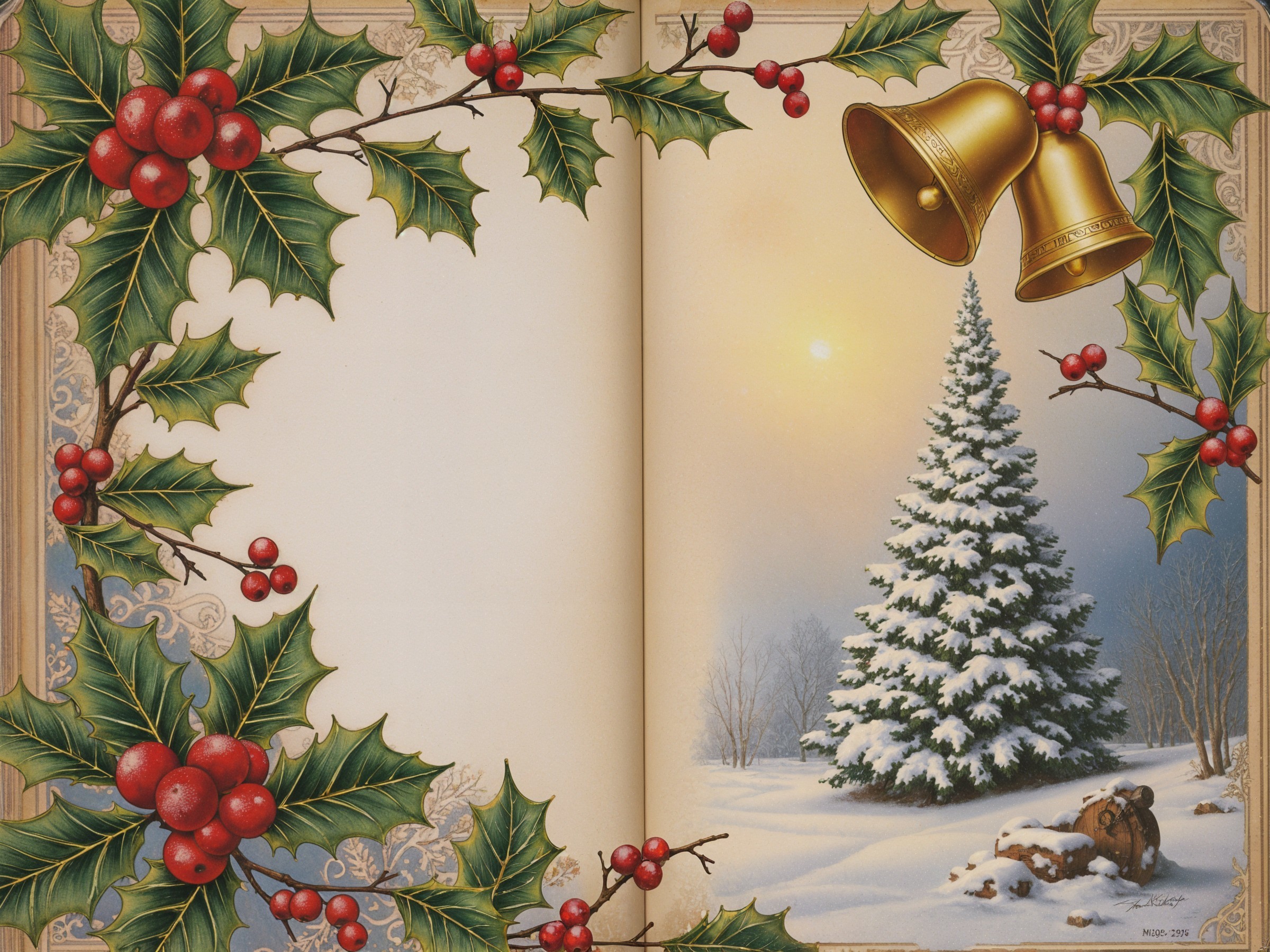 Snowy Landscape with Christmas Tree and Holly Decor