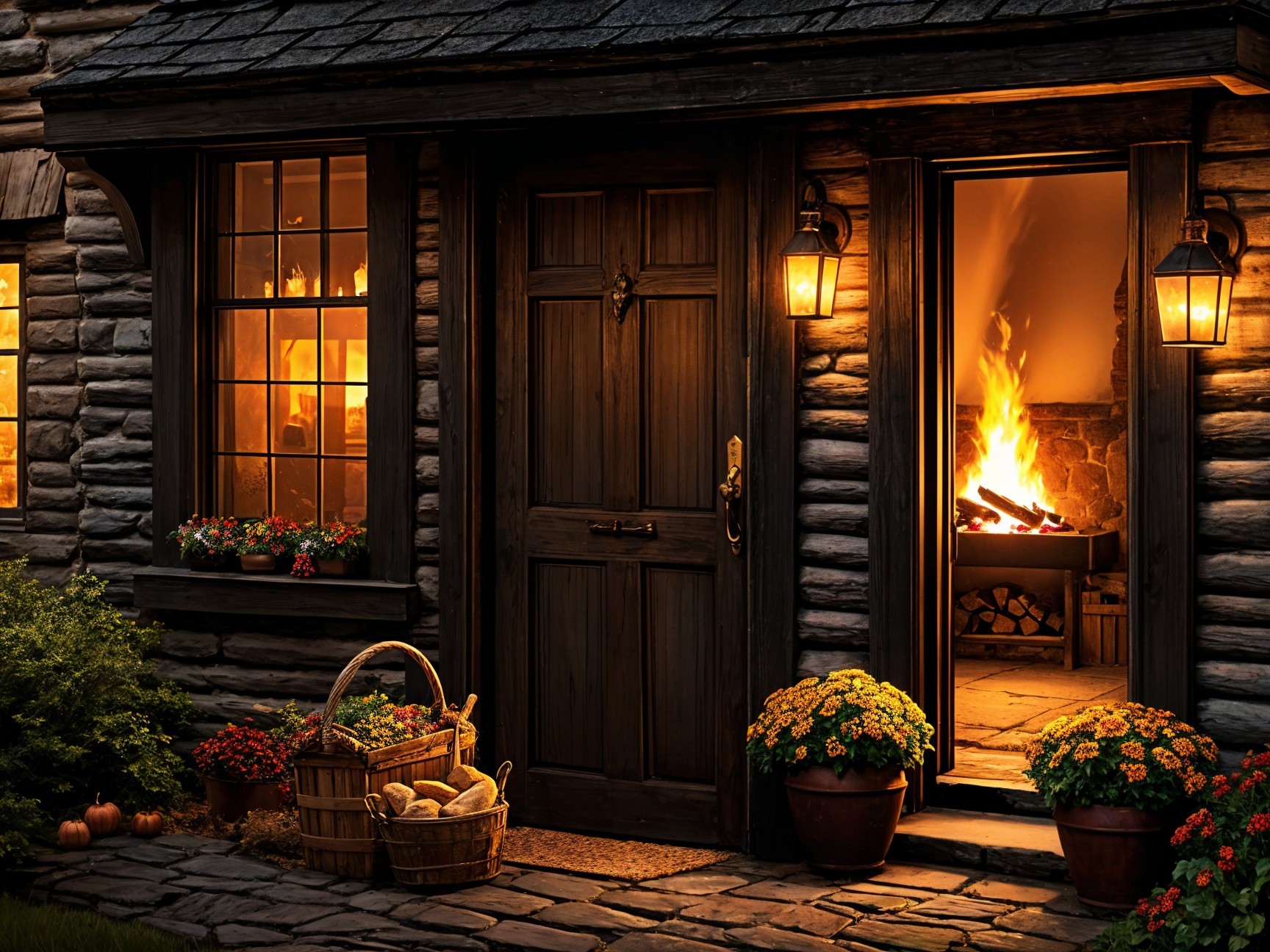 Charming Cabin Entrance with Lanterns and Hearth Fire