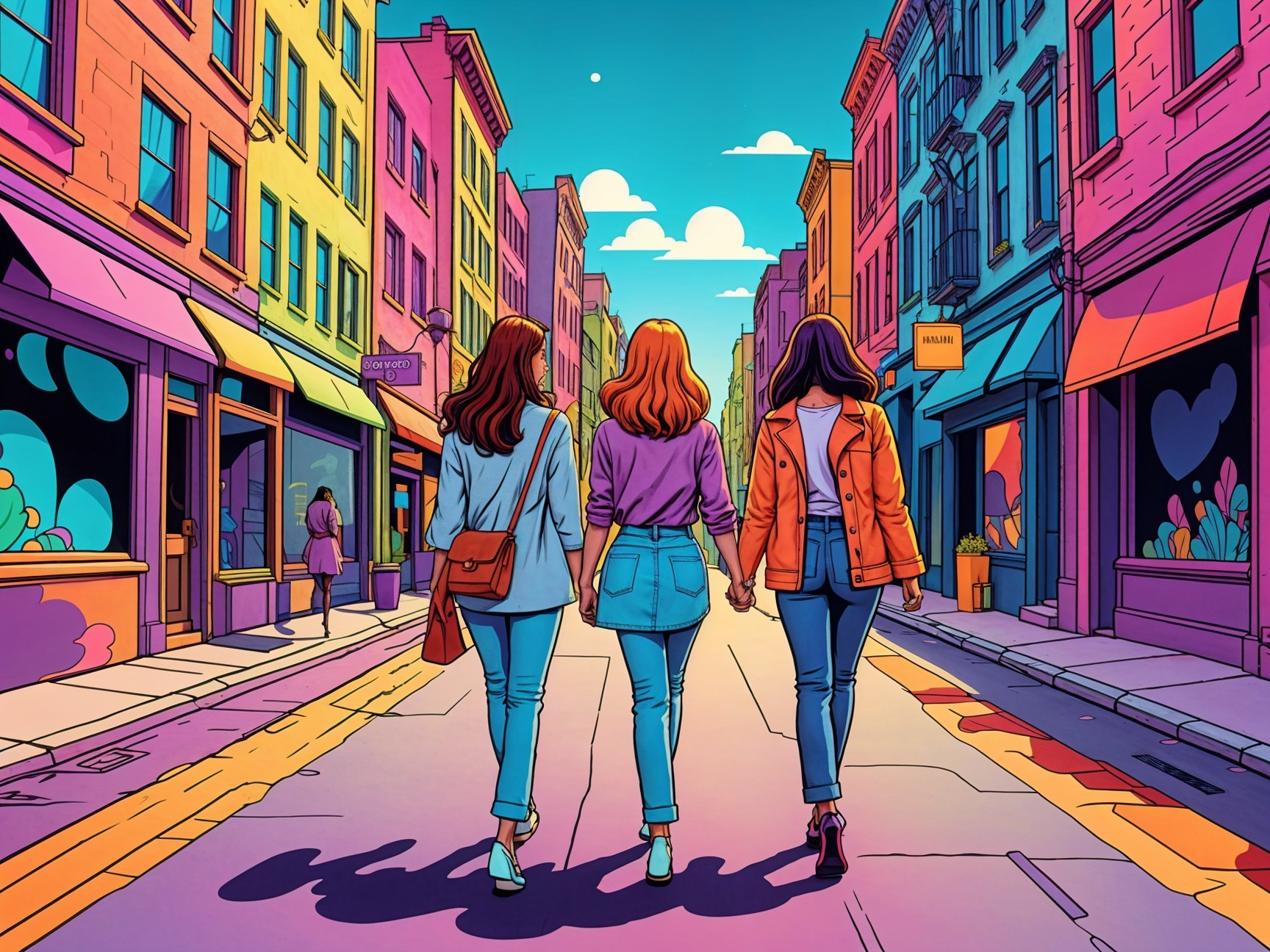 Friends Walking on a Colorful Street with Boutique Shops