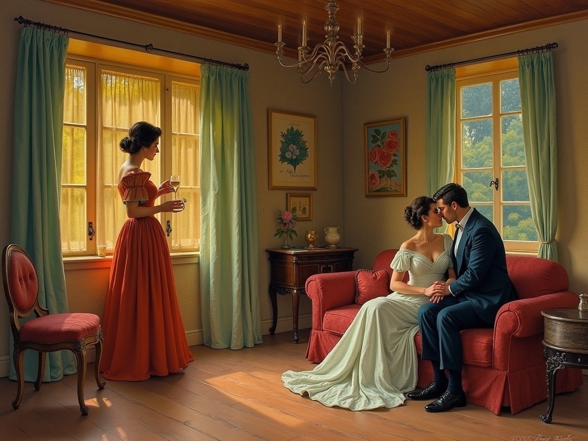 Couple in Elegant Attire in Warmly Lit Room
