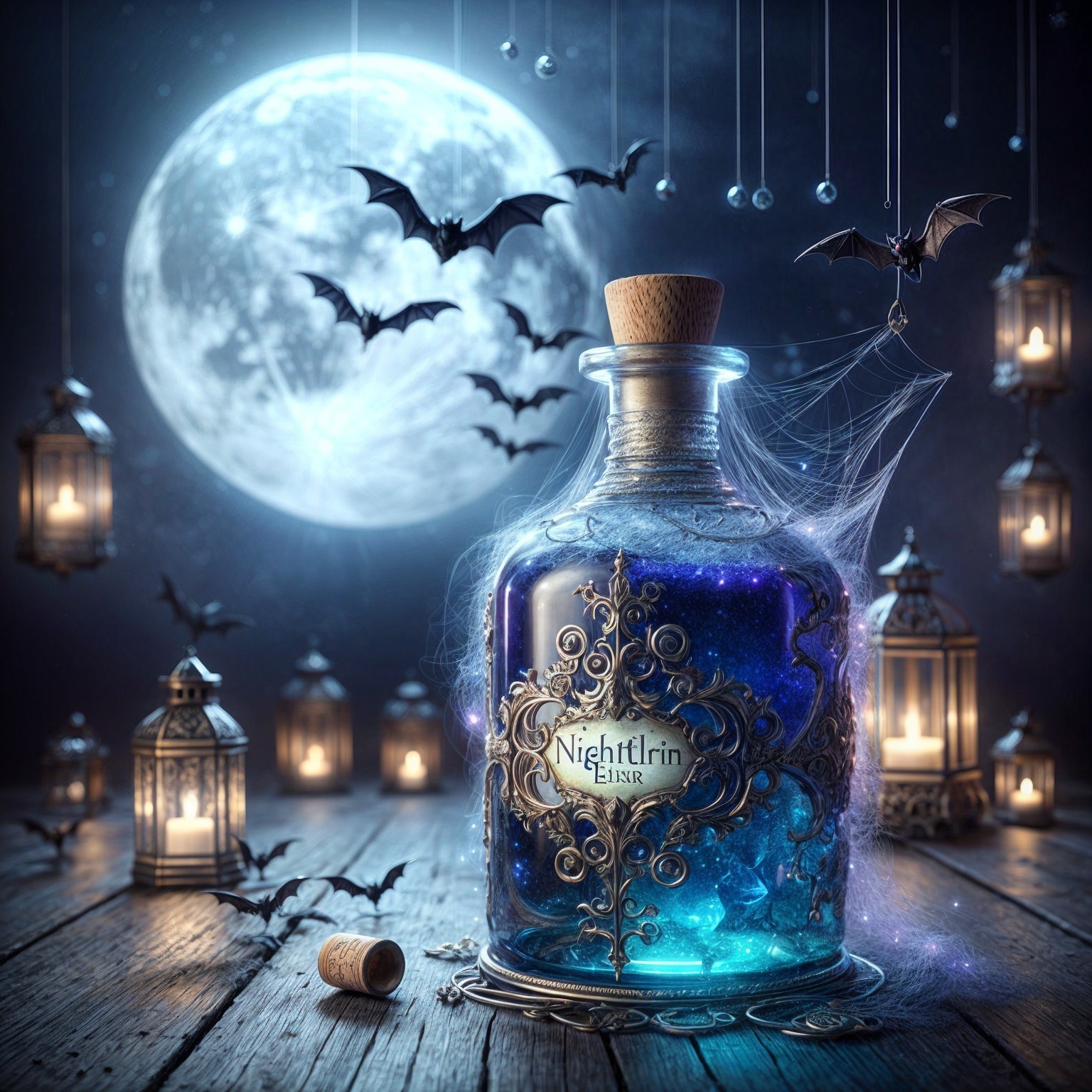 Mystical Glass Bottle with Blue Essence and Moonlit Setting