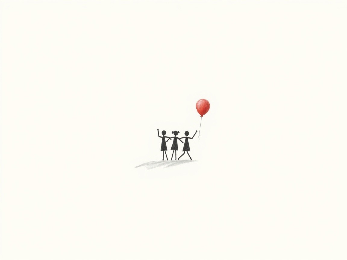Joyful Stick Figures with Red Balloon on Light Background