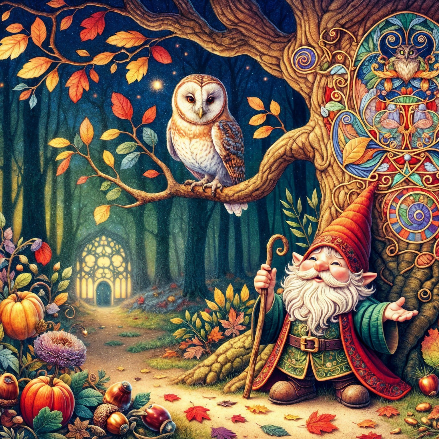 Whimsical Forest Scene with Gnome and Owl