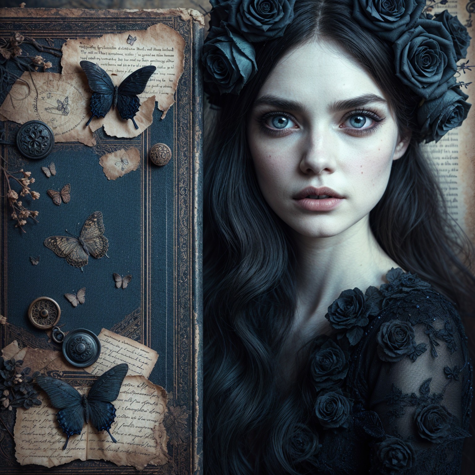 Young woman with dark hair and black roses backdrop