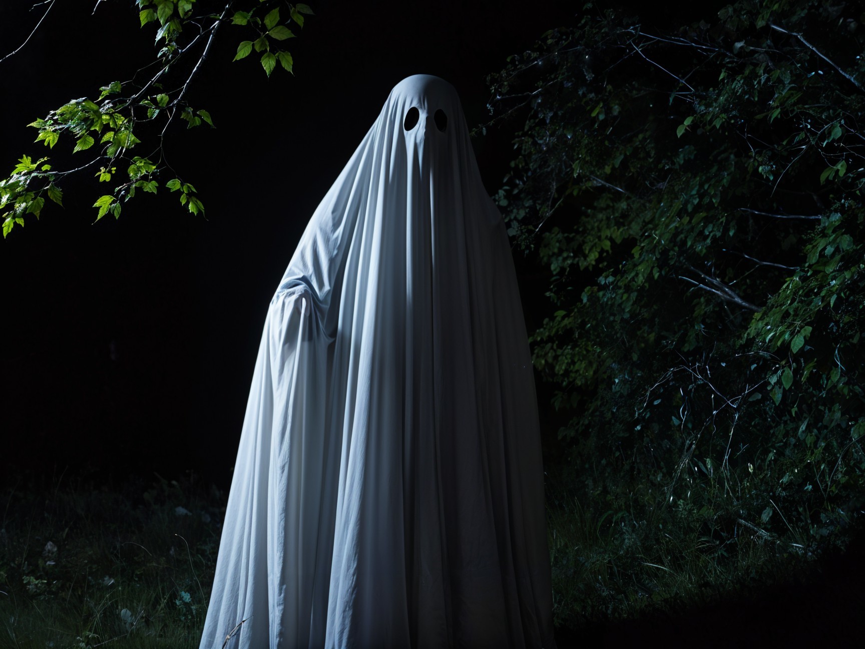 Ghostly Figure in Dimly Lit Forest Setting