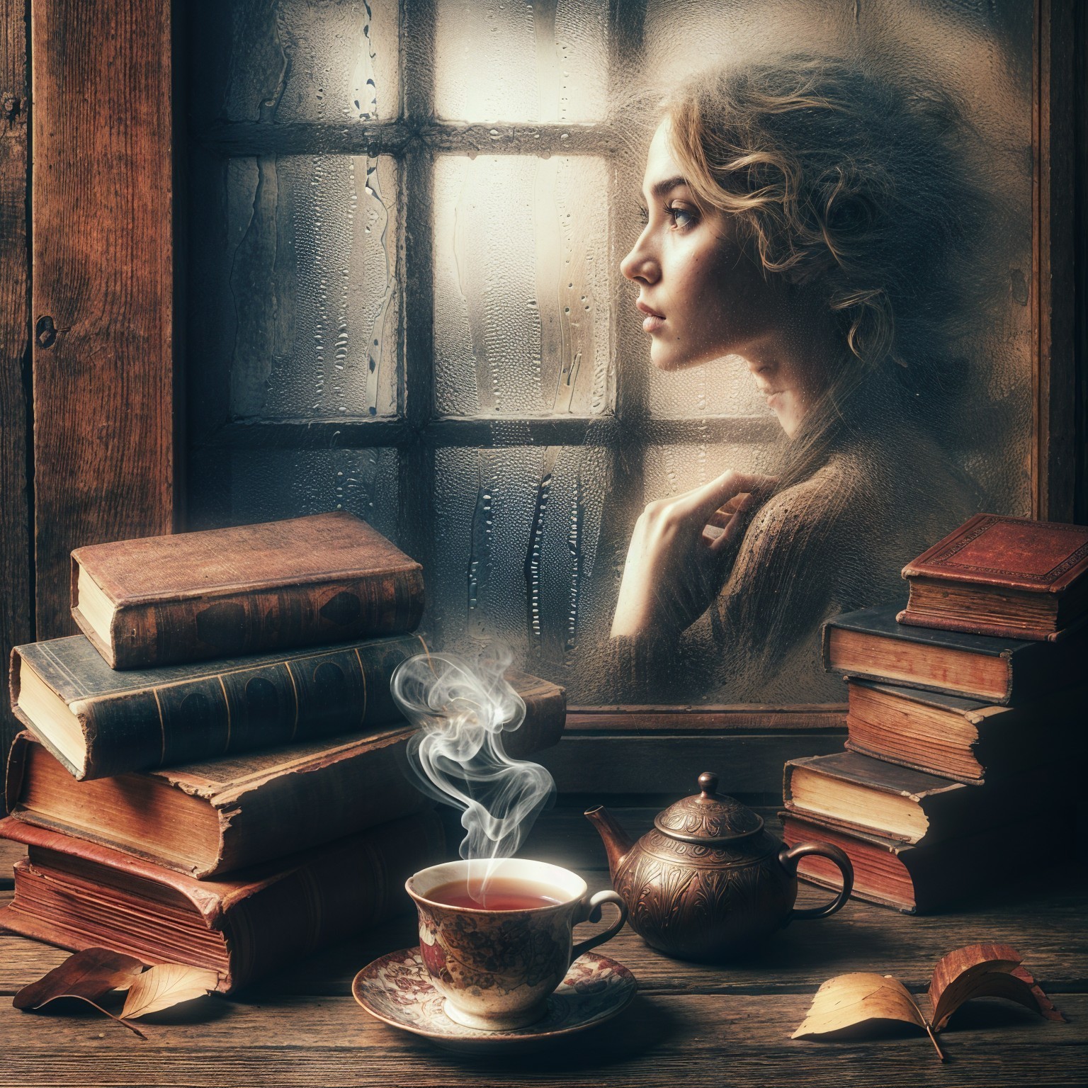 Cozy Scene of Reflection by a Rainy Window