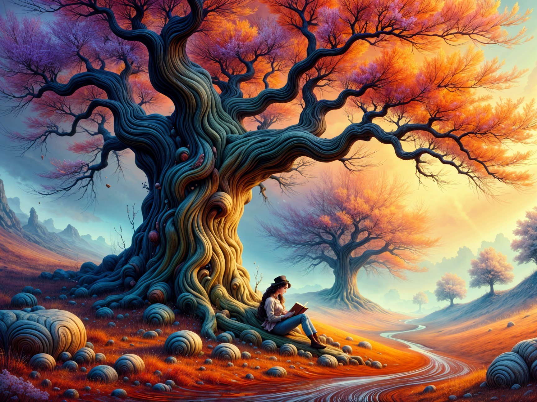 Serene Landscape with Twisting Tree and Sunset Foliage