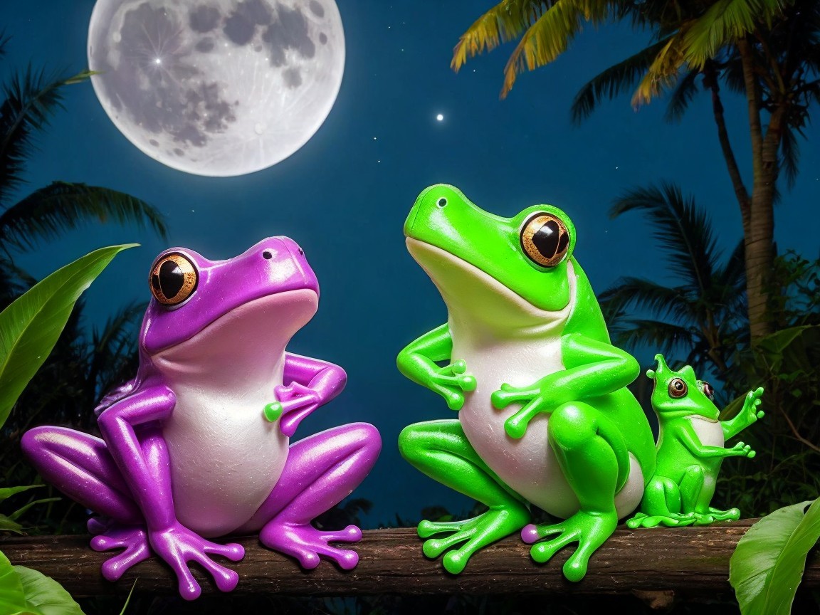 Vibrant Cartoon Frogs in Mystical Nighttime Scene