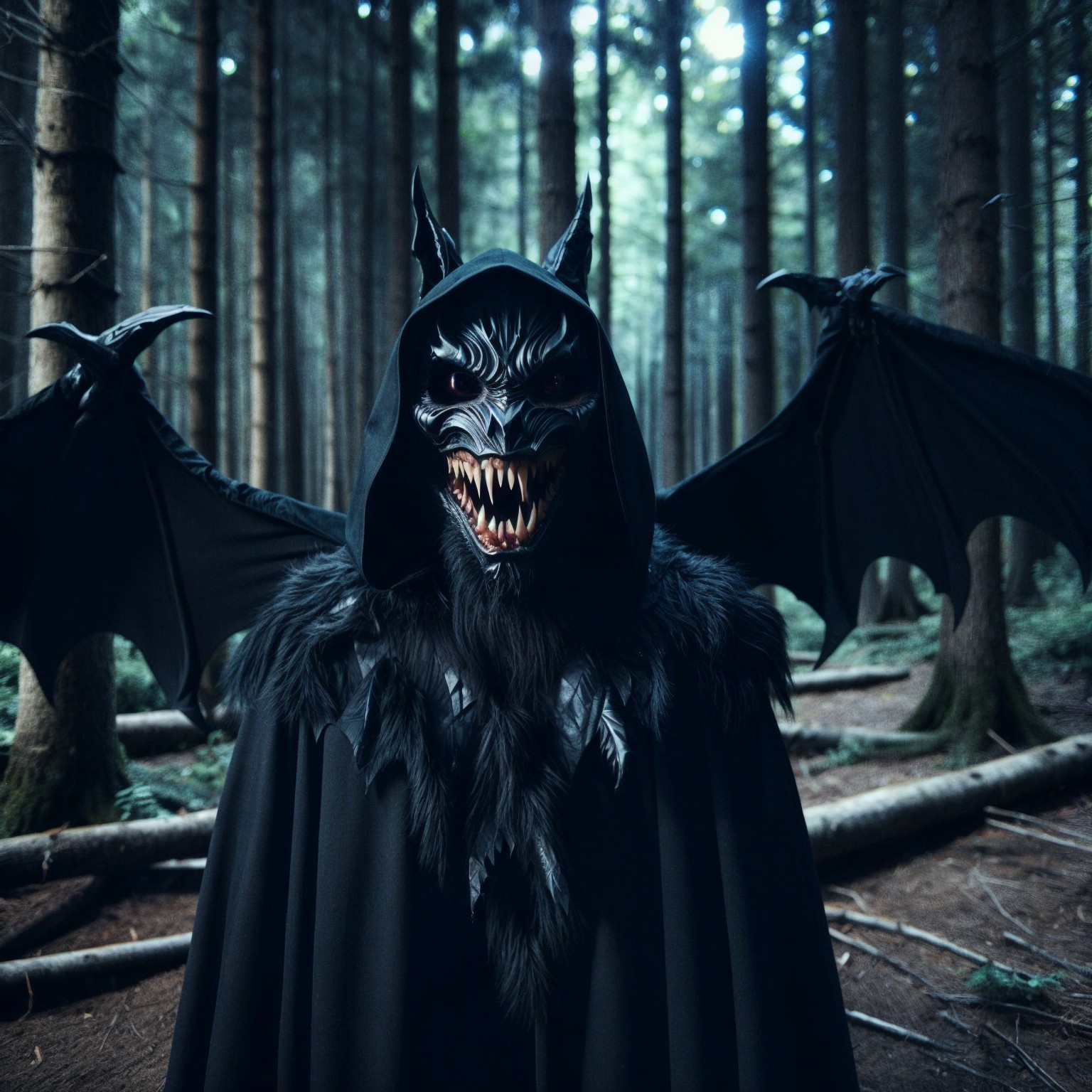 Menacing figure in a misty forest with dark attire