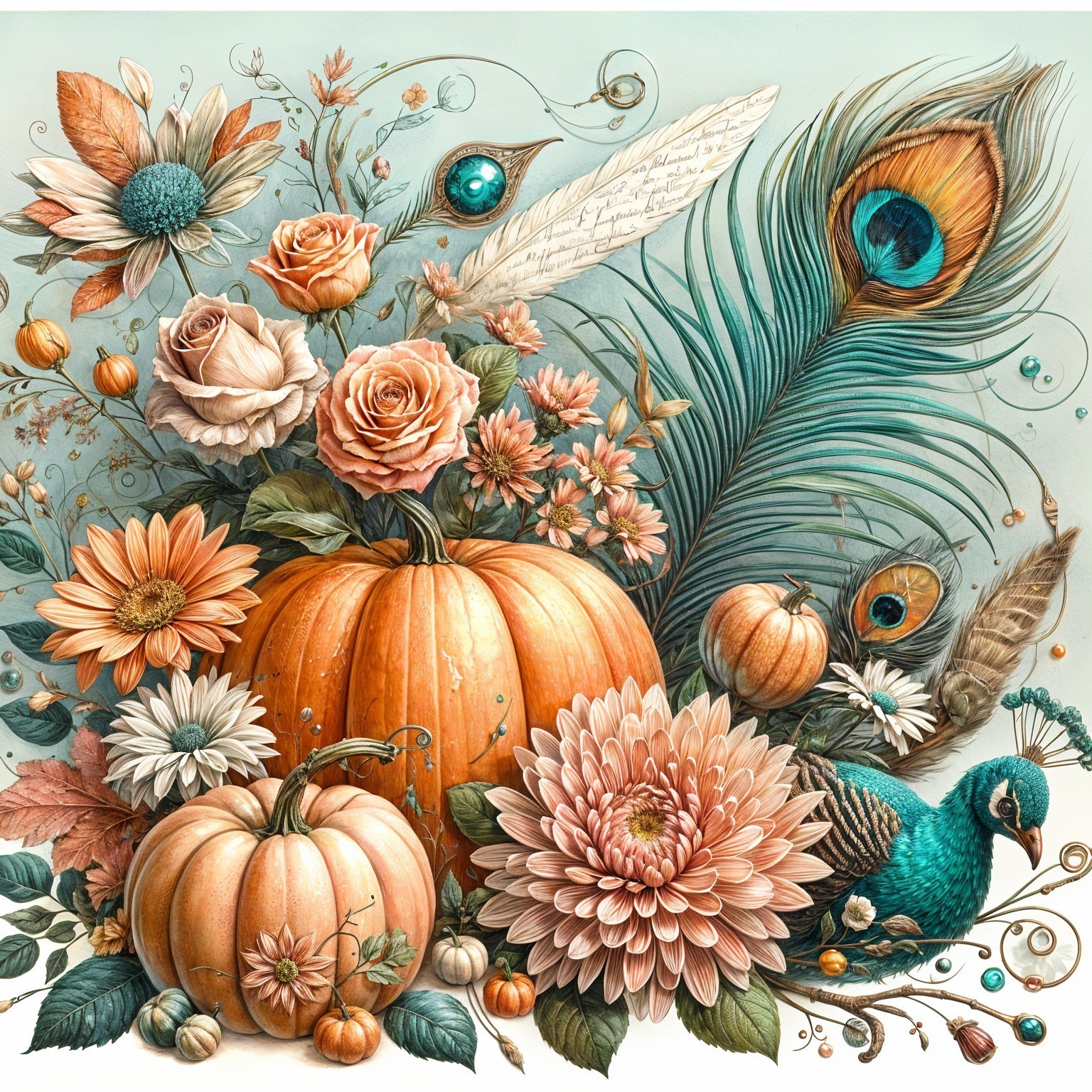Vibrant Autumn Arrangement with Pumpkins and Flowers