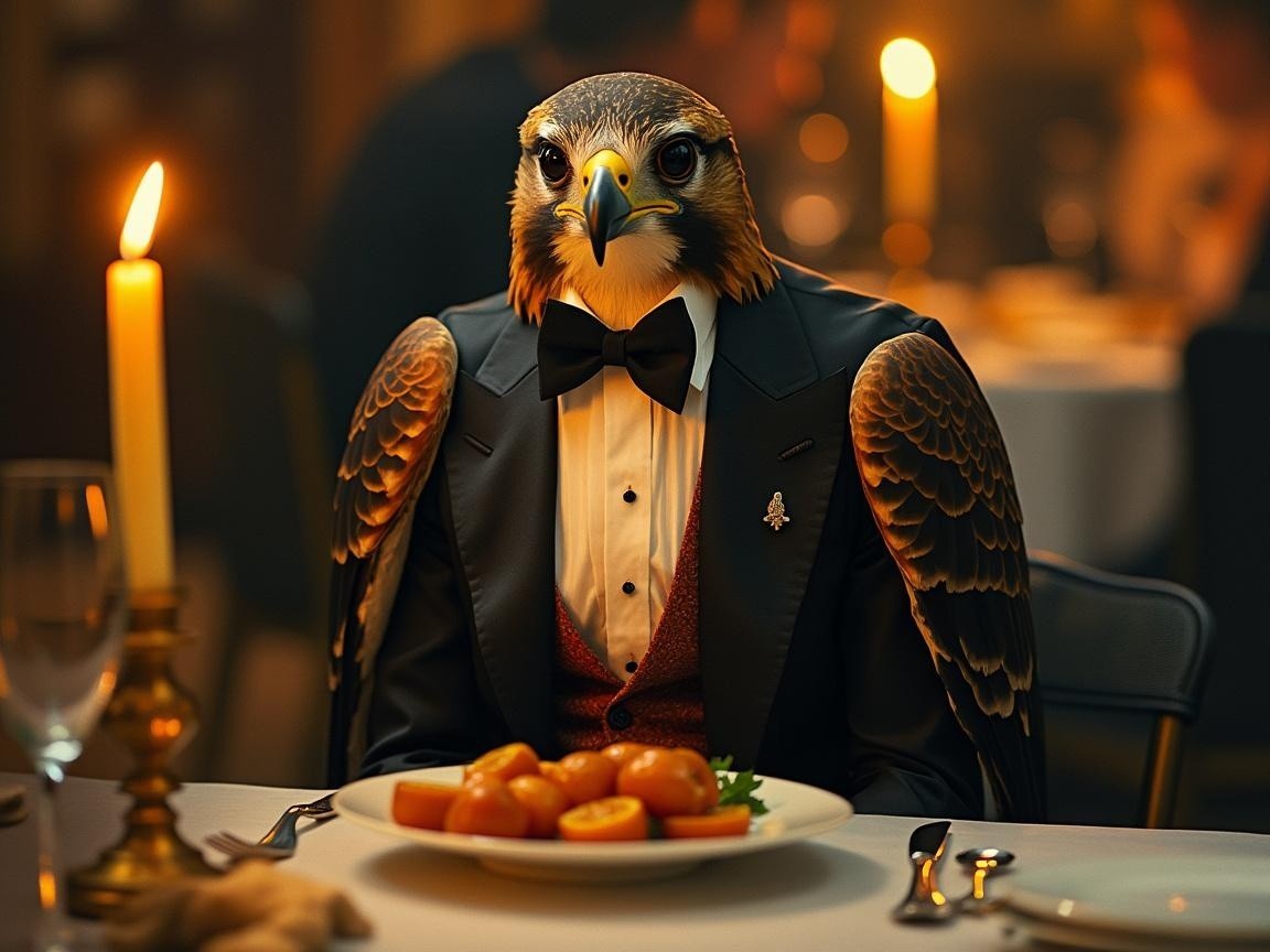 Hawk in Tuxedo at Elegant Dinner Table Setting