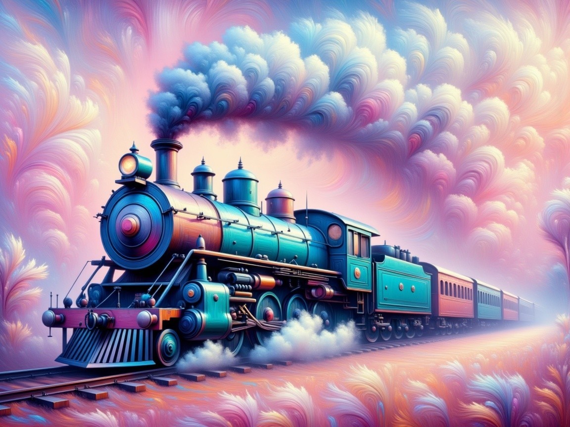 Colorful Steam Locomotive on Winding Track with Smoke