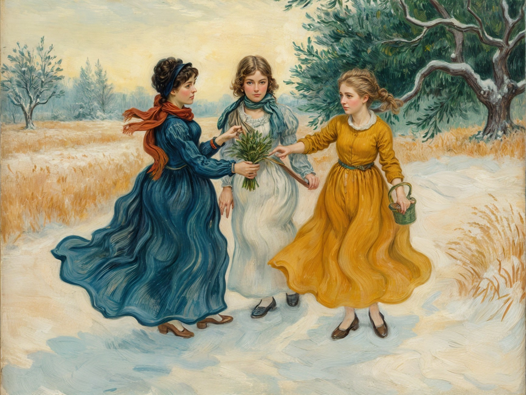 Young girls in dresses in a snowy landscape scene