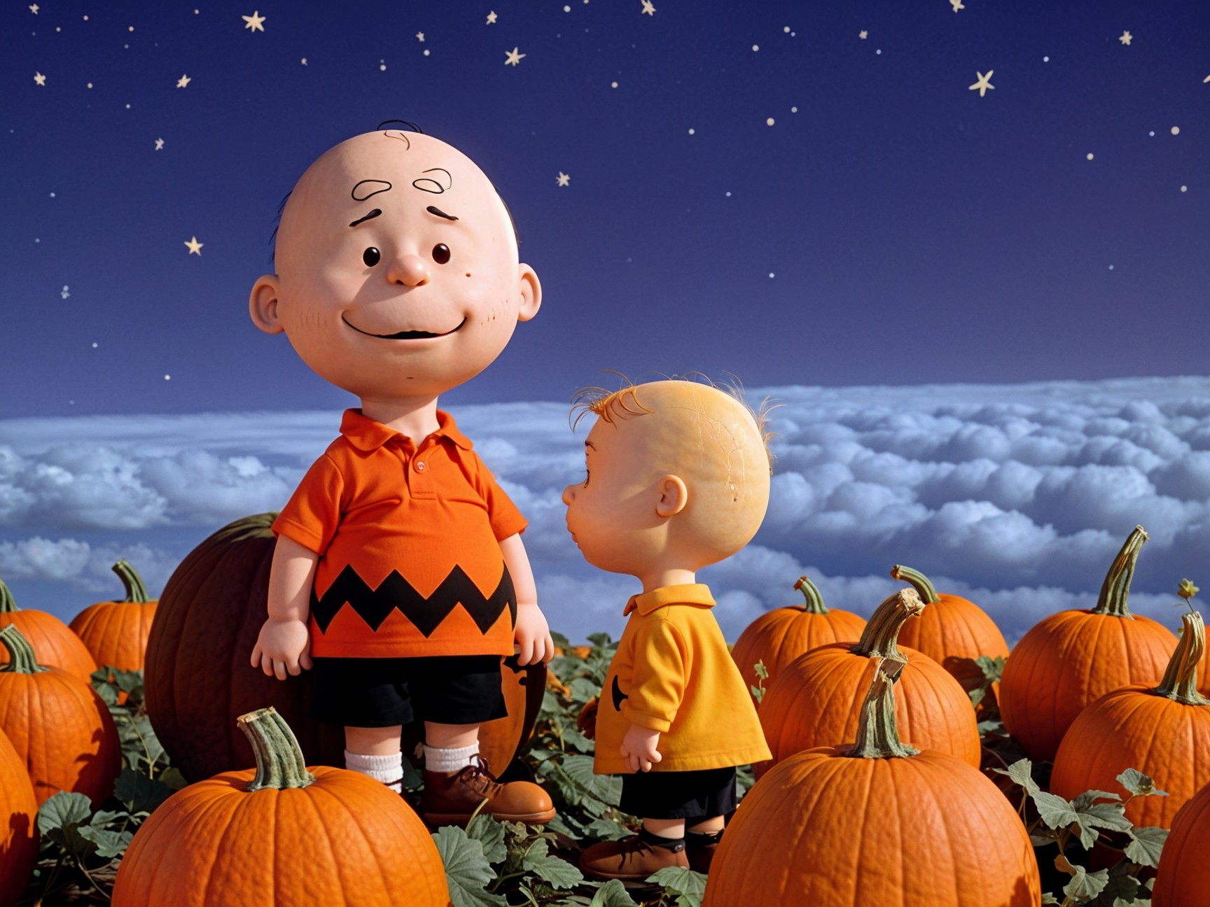 Animated Characters in a Pumpkin Patch at Night