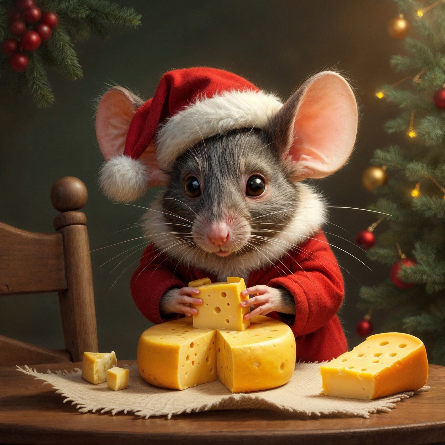 Festive Mouse in Santa Outfit with Cheese at Table